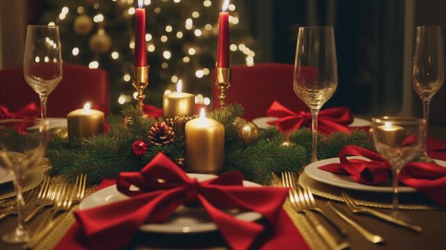 Warm candlelight glows on an elegantly set dining table for a festive Christmas holiday dinner celebration