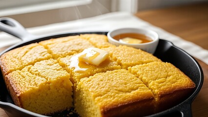 Steaming hot cornbread squares with melting butter in a rustic cast iron skillet, served with honey.