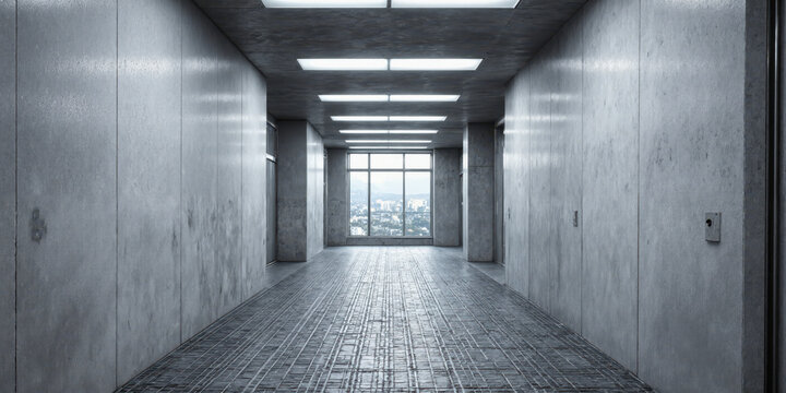 Sleek Industrial Hallway with Metal Grid Flooring and Concrete Walls A long, narrow corridor illuminated by cool LED strips embedded