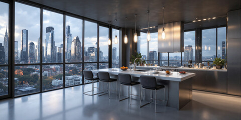 Urban Penthouse Kitchen with Metallic Island and Panoramic Windows An upscale cooking area highlighting a striking metal-clad island, mirrored backsplash