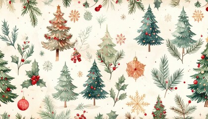 Charming Watercolor Christmas Pattern Featuring Pine Trees Holly and Festive Ornaments.