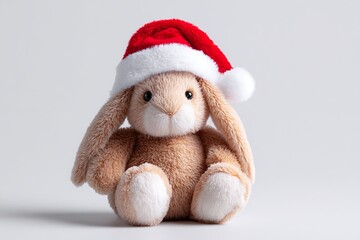 Cute rabbit toy wearing santa hat isolated on white background for design