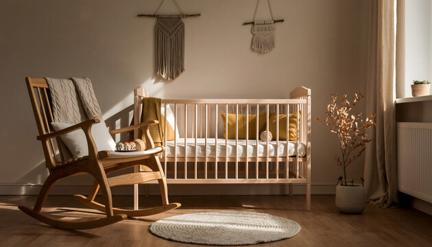 Sunlit boho nursery room featuring a wooden rocking chair, a crib, and macrame wall hangings in a neutral beige interior.