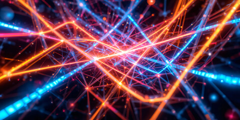 Intersecting neon lines forming complex data networks, minimal abstract illustration technology wallpaper background.