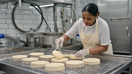 A middle-aged Black female cheesemaker wearing gloves and an apron is carefully scooping curds into round molds. She is in a clean drainage station with tiled walls and perforated tables