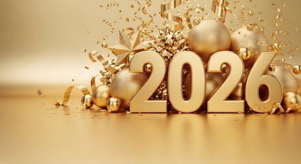 A golden representation of the year 2026, surrounded by sparkling confetti and festive ornaments, symbolizing new beginnings and a celebratory mood.