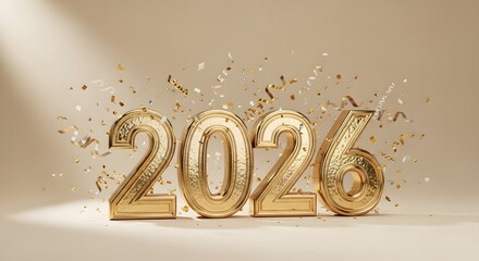 Golden Shiny Year 2026 Numbers With Glittering Confetti And Streamers Floating Around On A Warm Neutral Studio Background With Soft Light Rays