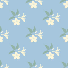 Floral pattern design features a repeat arrangement of light yellow flowers with green leaves. Delicate and soft, ideal for a background or surface pattern. 