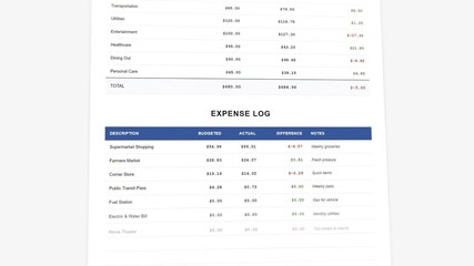 Animated weekly budget tracker template: detailed expense categories with interactive spending analysis display
