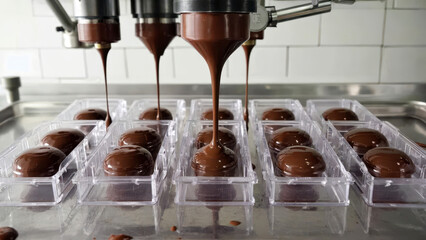 Tempered chocolate is poured from a nozzle into transparent molds, creating perfect shapes. The workspace features clean surfaces and vibrating tables for even distribution