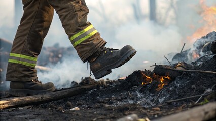 Fototapeta premium Firefighter steps carefully through the aftermath of a fire in protective gear and boots amidst smoke and flames showing bravery and resilience