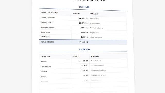 Detailed monthly cash flow statement template: animated income expense tracking with comprehensive budget analysis