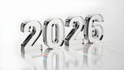 Modern glass-style 2026 numbers with colorful light refractions.