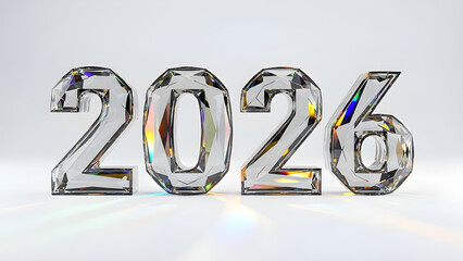 Modern glass-style 2026 numbers with colorful light refractions.