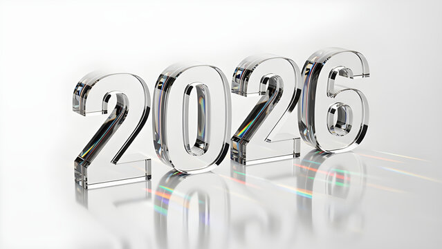 Modern glass-style 2026 numbers with colorful light refractions.