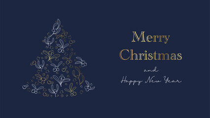 Christmas greeting card. Ornament fir tree new year background.