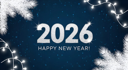 Fototapeta premium Happy New Year 2026 beautiful sparkling design of numbers on dark blue background with lights, pine branches and shining falling snow. Trendy modern winter banner, poster or greeting card 