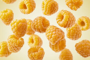 Fresh yellow raspberries falling isolated on white background