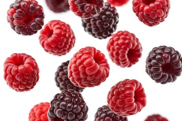 Fresh ripe raspberries and blackberries scattered isolated on white background