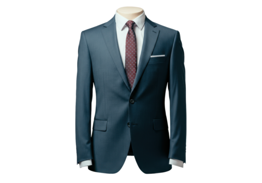 Elegant Blue Textured Suit with Burgundy Polka Dot Tie and White Shirt Isolated on Transparent Background