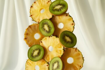 Stack of sliced pineapple and kiwi fruit isolated on white background