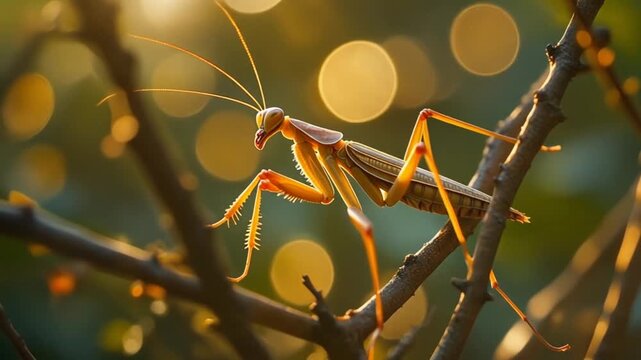 Detailed macro photograph of a praying mantis perched on a delicate twig, illuminated by the warm golden light of sunset creating a beautiful bokeh background