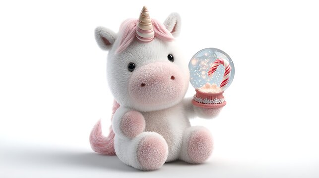 Adorable unicorn plush toy holding snow globe isolated on white background