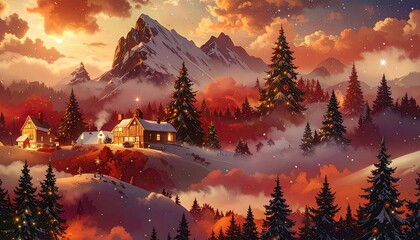 Cozy mountain village nestled in snowy peaks at sunset with warm glowing lights.