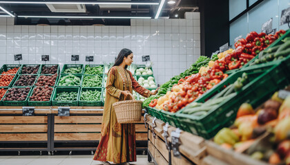 Obraz premium Young Woman Grocery Shopping for Fresh Vegetables in Supermarket Produce Aisle
