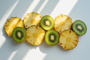 Sliced kiwi and pineapple laid out in a pattern isolated on white background