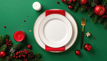 Elegant Christmas Table Setting with Festive Decorations and Candles.
