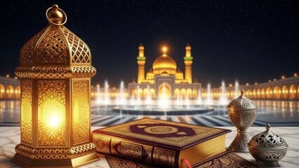 Displays islamic religious items including a lantern and building at night. Suitable for ramadan and eid celebrations graphic designs.