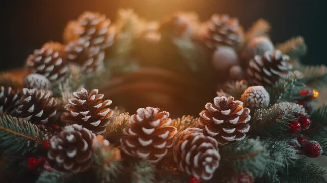 A beautifully crafted Christmas wreath with frosted pine cones nestled in evergreen fir branches, illuminated by a warm, golden glow from within