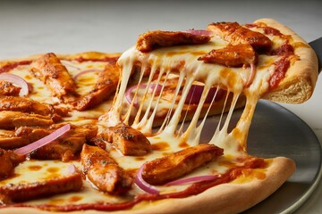 Delicious chicken pizza with melted cheese being served isolated on white background