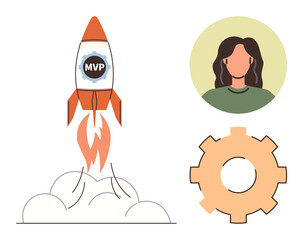 Rocket labeled MVP launches with flame trails, accompanied by a profile avatar and gear element. Ideal for innovation, startup, development, teamwork, technology, leadership strategy. A simple flat