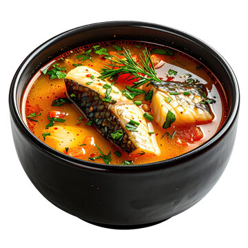 Authentic Russian ukha, a fisherman's soup known for its clear broth and delicate flavor, isolated on a white background.