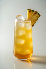 Refreshing golden cocktail with ice and pineapple garnish isolated on white background