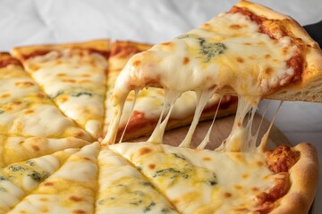Delicious four cheese pizza slice being lifted with melted cheese stretching isolated on white background