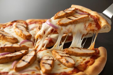 Delicious slice of chicken pizza with melted cheese being lifted isolated on white background