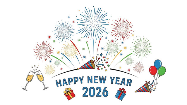 Festive Happy New Year 2026 celebration design with colorful elements
