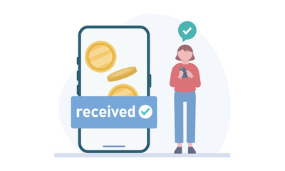 スマホで入金・残高を確認する女性のイラスト &ndash; モバイルバンキング／デジタル決済