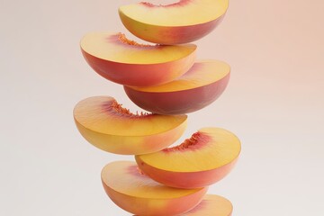 Stack of sliced peaches balanced vertically isolated on white background