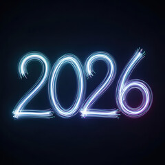 Soft abstract light trails forming 2026 on dark backdrop