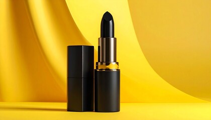 Black lipstick tube with cap beside it on vibrant yellow background highlighting bold beauty branding and product elegance