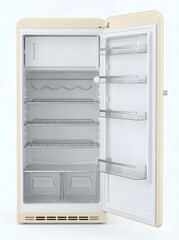 An empty, open refrigerator showcasing interior shelves, drawers, and a retro design.