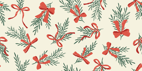 Obraz premium Hand drawn christmas seamless pattern with pine branches and bows