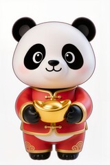 Naklejka premium Cute chibi panda wearing a red-and-gold Chinese New Year outfit, holding a gold ingot, smiling expression, glossy toy figurine style, isolated on pure white background