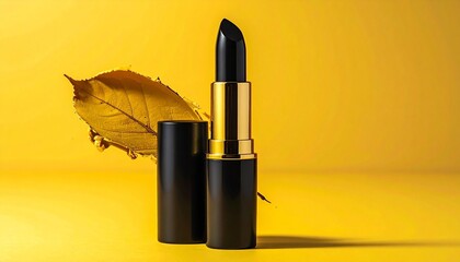 Black lipstick tube with cap beside it on vibrant yellow background highlighting bold beauty branding and product elegance