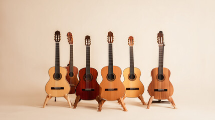 concerto. Six acoustic guitars arranged artistically on a neutral background, showcasing warm wood tones. tutorial guides, club newsletters, designed for tourism and weekend activity guides.