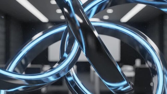 Abstract interlocking rings with blue neon glow in a modern conference room setting indoors